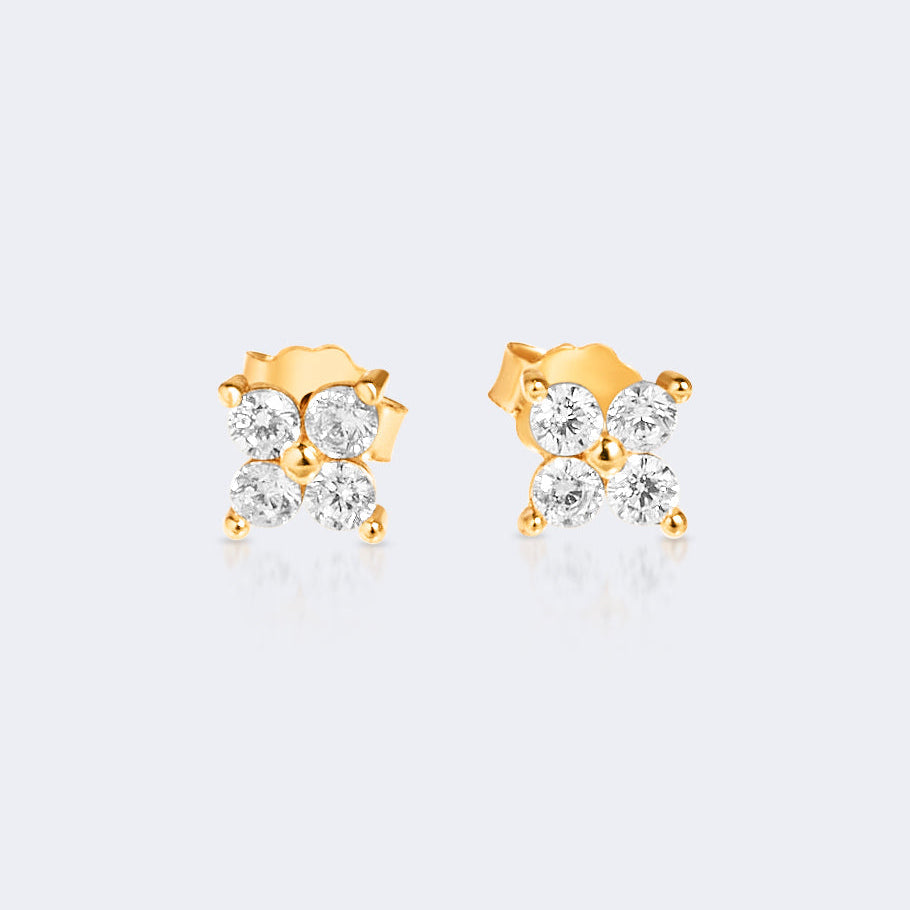 Clover Stud Earrings 14k Gold Plated with Clear Zircon Gems - Sterling Silver