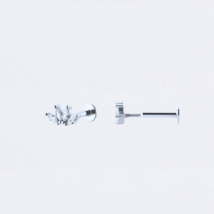 Clover Flat Back Studs 14k Gold Plated with Clear Zircon Gems - Sterling Silver