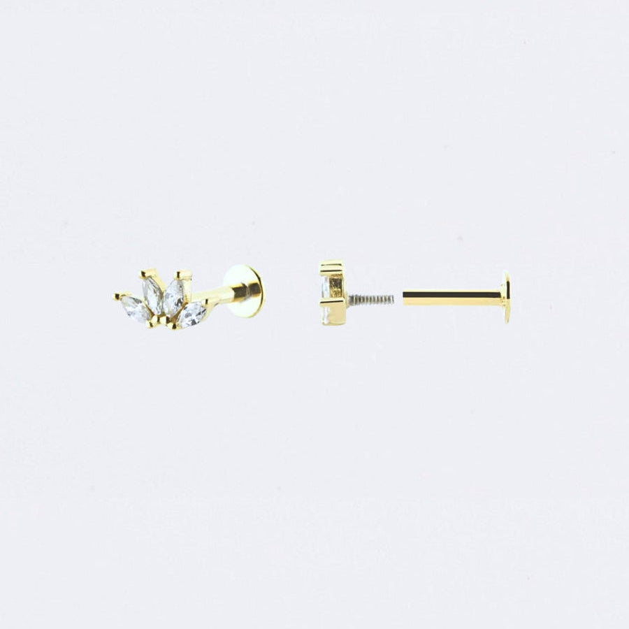 Clover Flat Back Studs 14k Gold Plated with Clear Zircon Gems - Sterling Silver