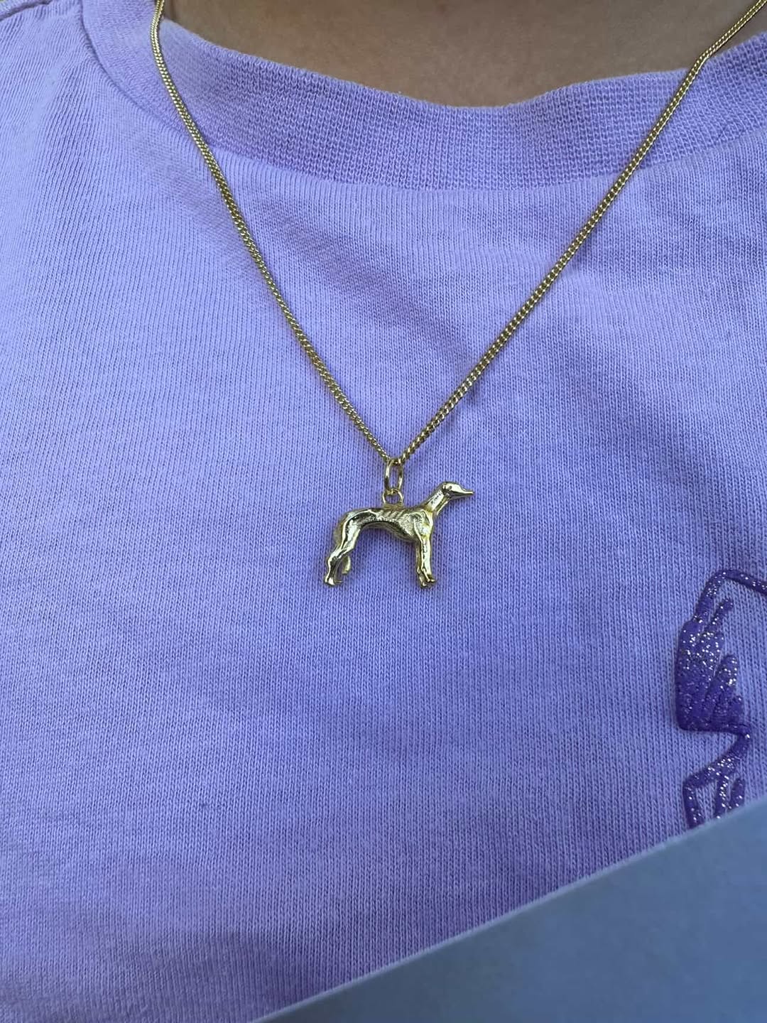 Greyhound dog-shaped pendant on a chain against a purple shirt background