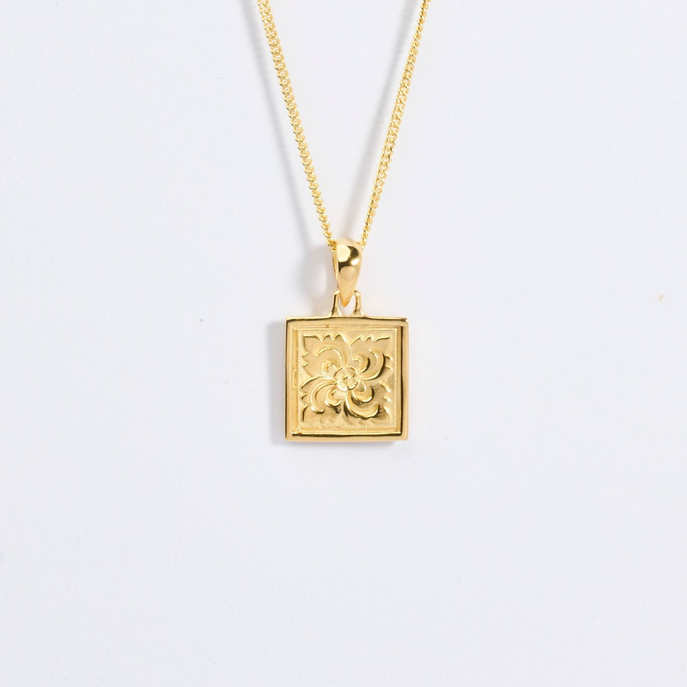 Temple Flower Necklace 14k Gold Vermeil on Sterling Silver - Square Floral Pendant Inspired by Balinese Temples