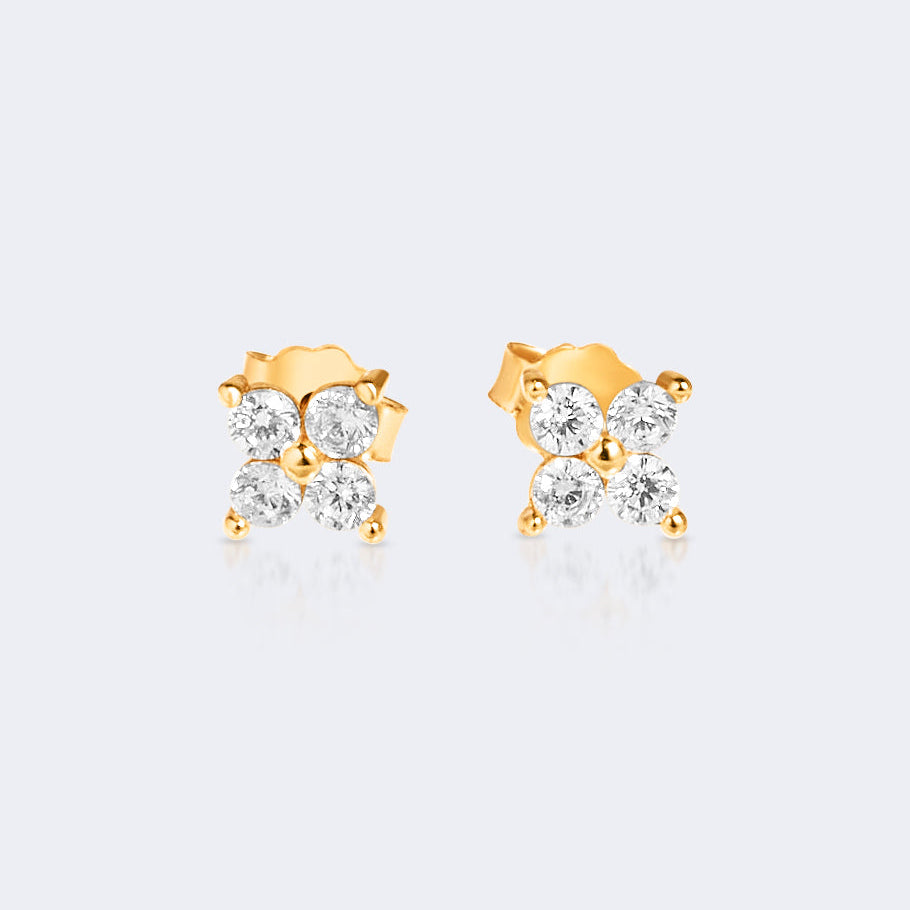 Clover Stud Earrings 14k Gold Plated with Clear Zircon Gems - Sterling Silver
