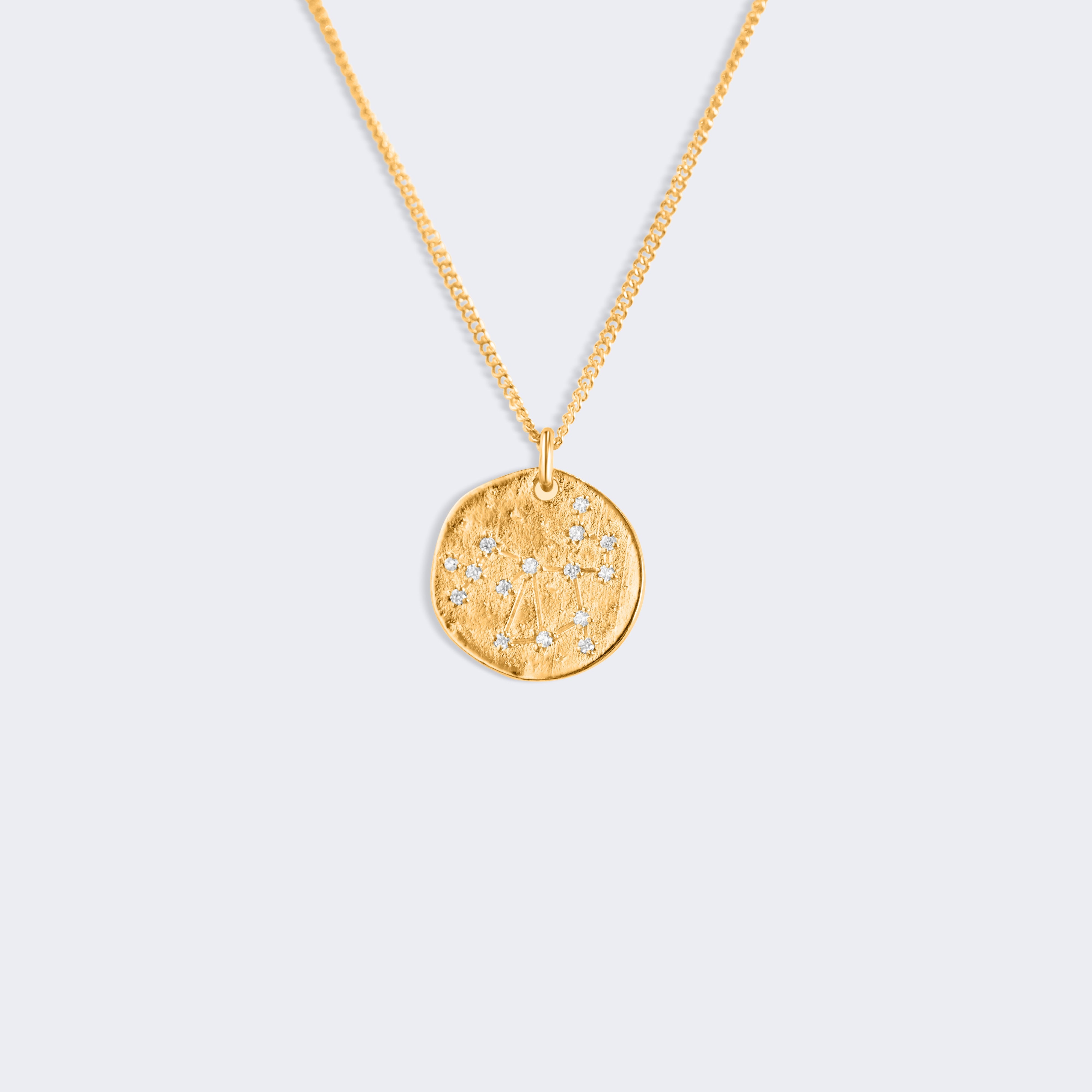 A gold chain necklace with a textured, circular coin-style pendant, with