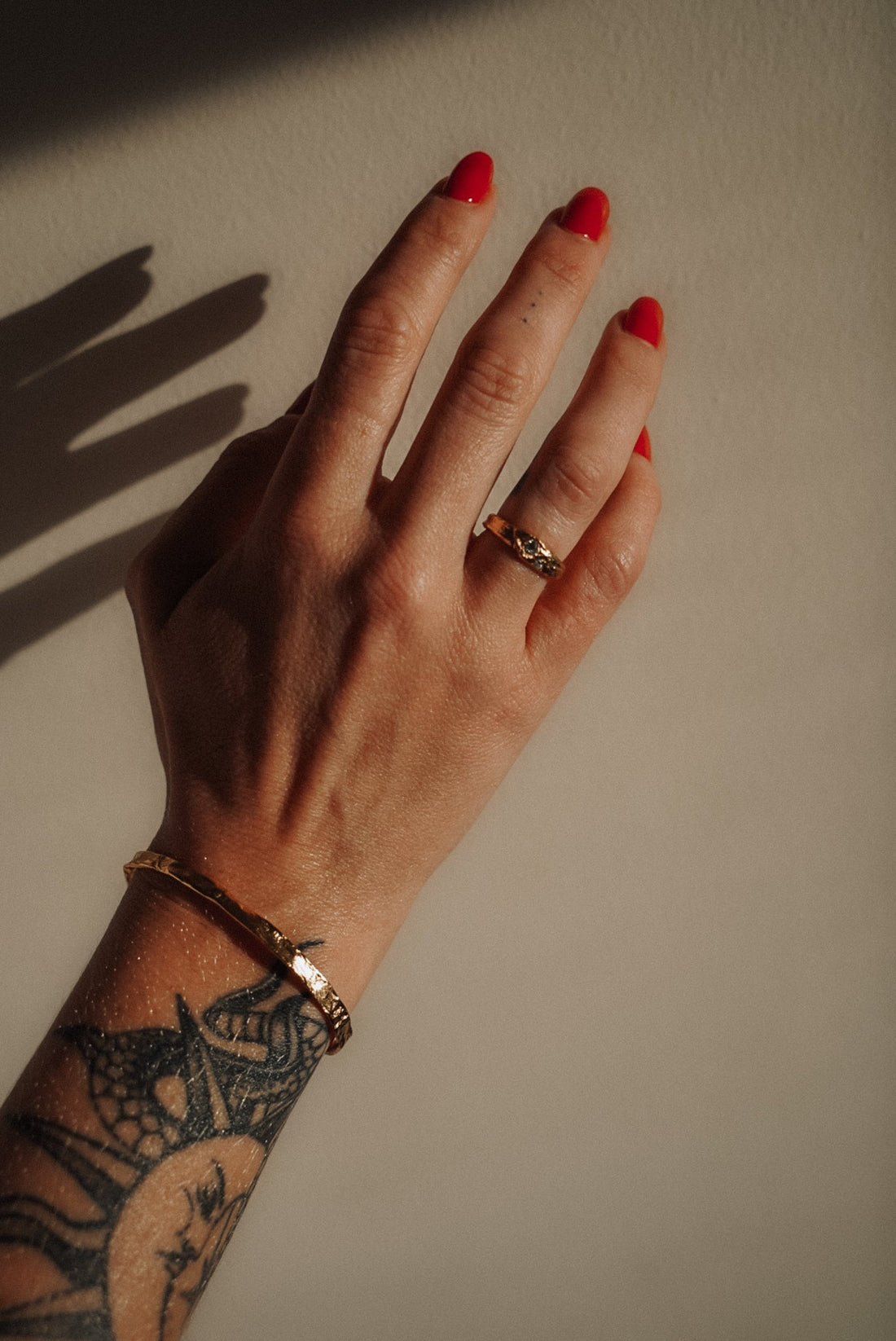 Gold vermeil cuff bracelet with hammered texture and Olivia Hammered textured gold vermeil ring perfect gift for her birthday and anniversary jewellery. 