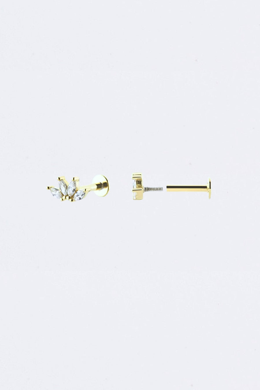 Clover Flat Back Studs 14k Gold Plated with Clear Zircon Gems - Sterling Silver
