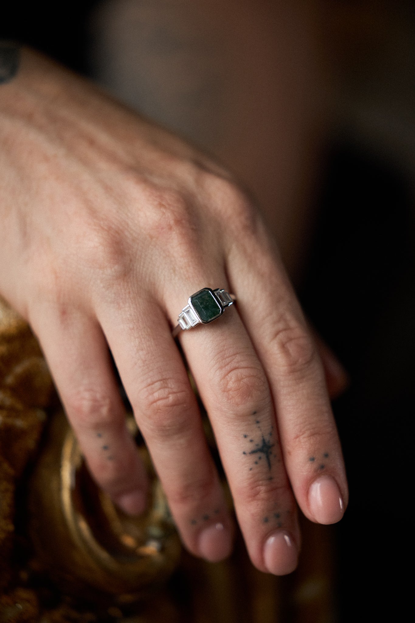 Maraux Green Moss Agate Art Deco Inspired Ring